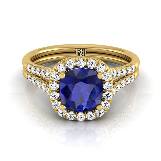 18K Yellow Gold Cushion French Pave Split Shank Halo Engagement Ring -3/8ctw