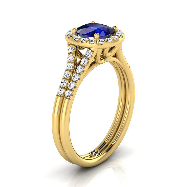 14K Yellow Gold Cushion French Pave Split Shank Halo Engagement Ring -3/8ctw