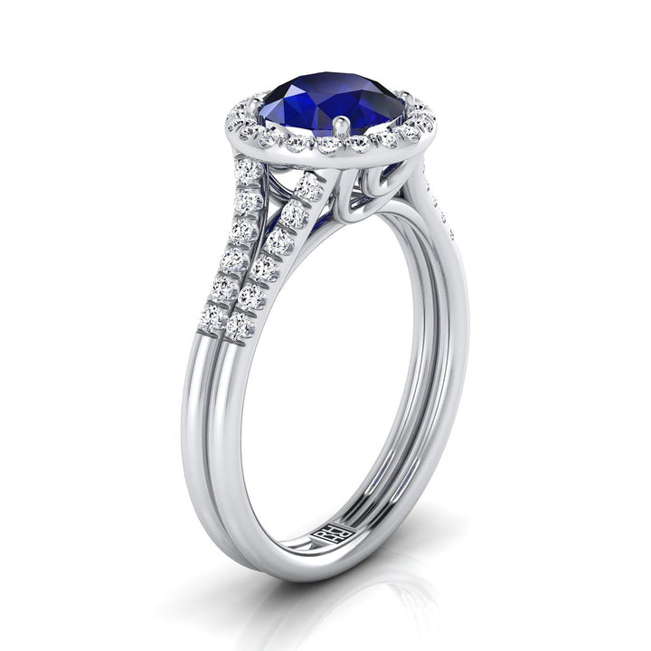 14K White Gold Round Brilliant French Pave Split Shank Halo Engagement Ring -3/8ctw