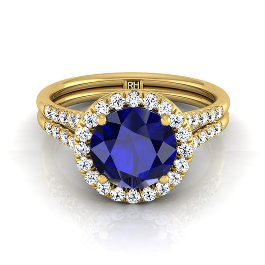 14K Yellow Gold Round Brilliant French Pave Split Shank Halo Engagement Ring -3/8ctw