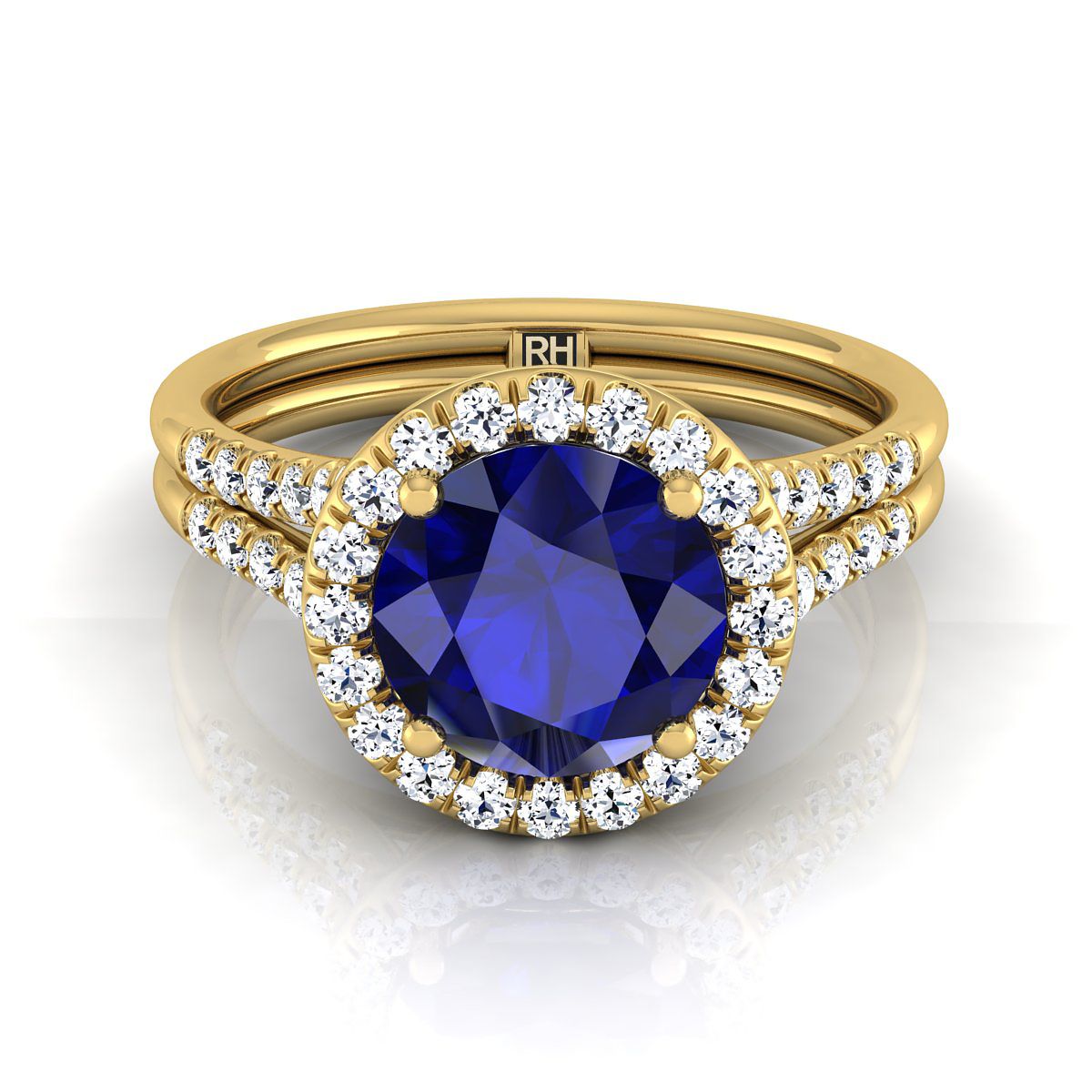 แหวนหมั้นทองคำเหลือง 18K ทรงกลมเจียระไนแบบบริลเลียนต์ ฝรั่งเศสประดับเพชรแบบปาเว่ แยกชิ้นแบบฮาโล - 3/8ctw