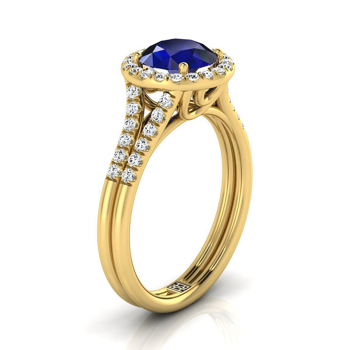 แหวนหมั้นทองคำเหลือง 18K ทรงกลมเจียระไนแบบบริลเลียนต์ ฝรั่งเศสประดับเพชรแบบปาเว่ แยกชิ้นแบบฮาโล - 3/8ctw