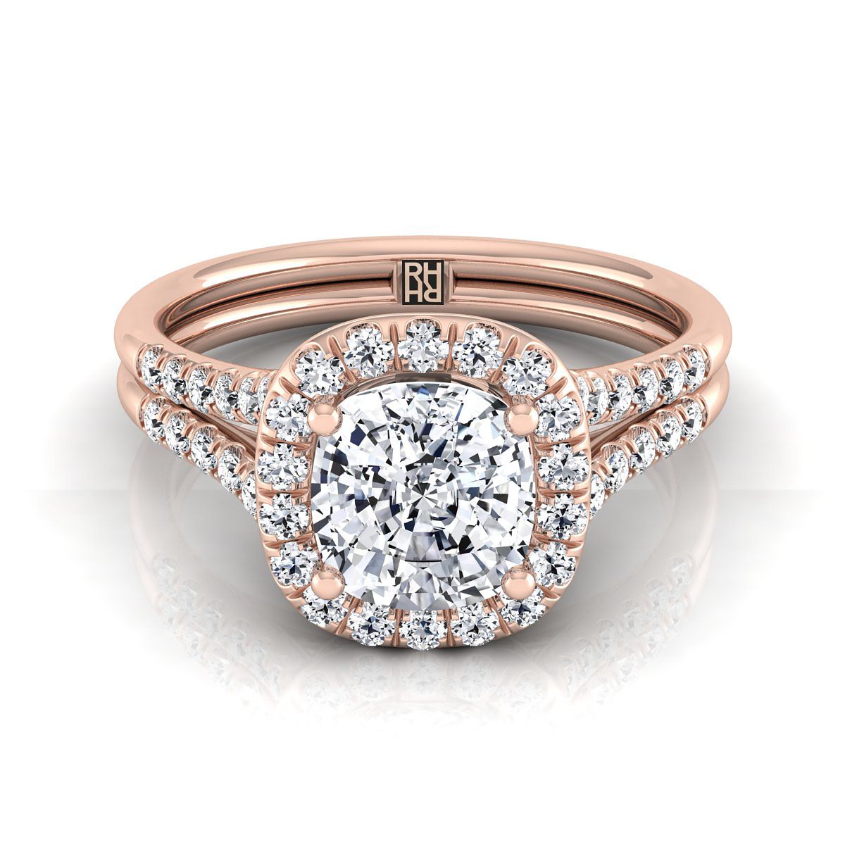 Double Row Split Shank Halo Cushion, in 14K Rose Gold, pave setting | RockHer