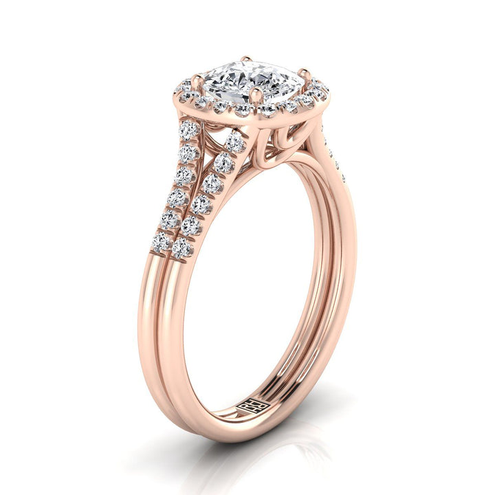 Double Row Split Shank Halo Cushion, in 14K Rose Gold, pave setting – side profile | RockHer