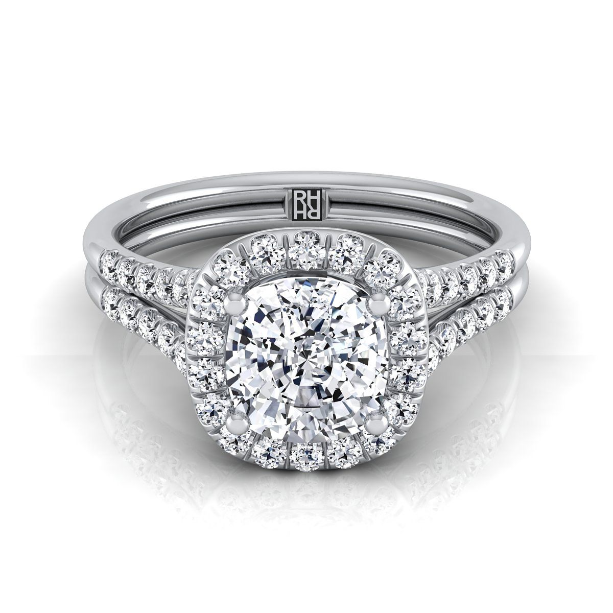 Double Row Split Shank Halo Cushion, in 18K White Gold, pave setting | RockHer