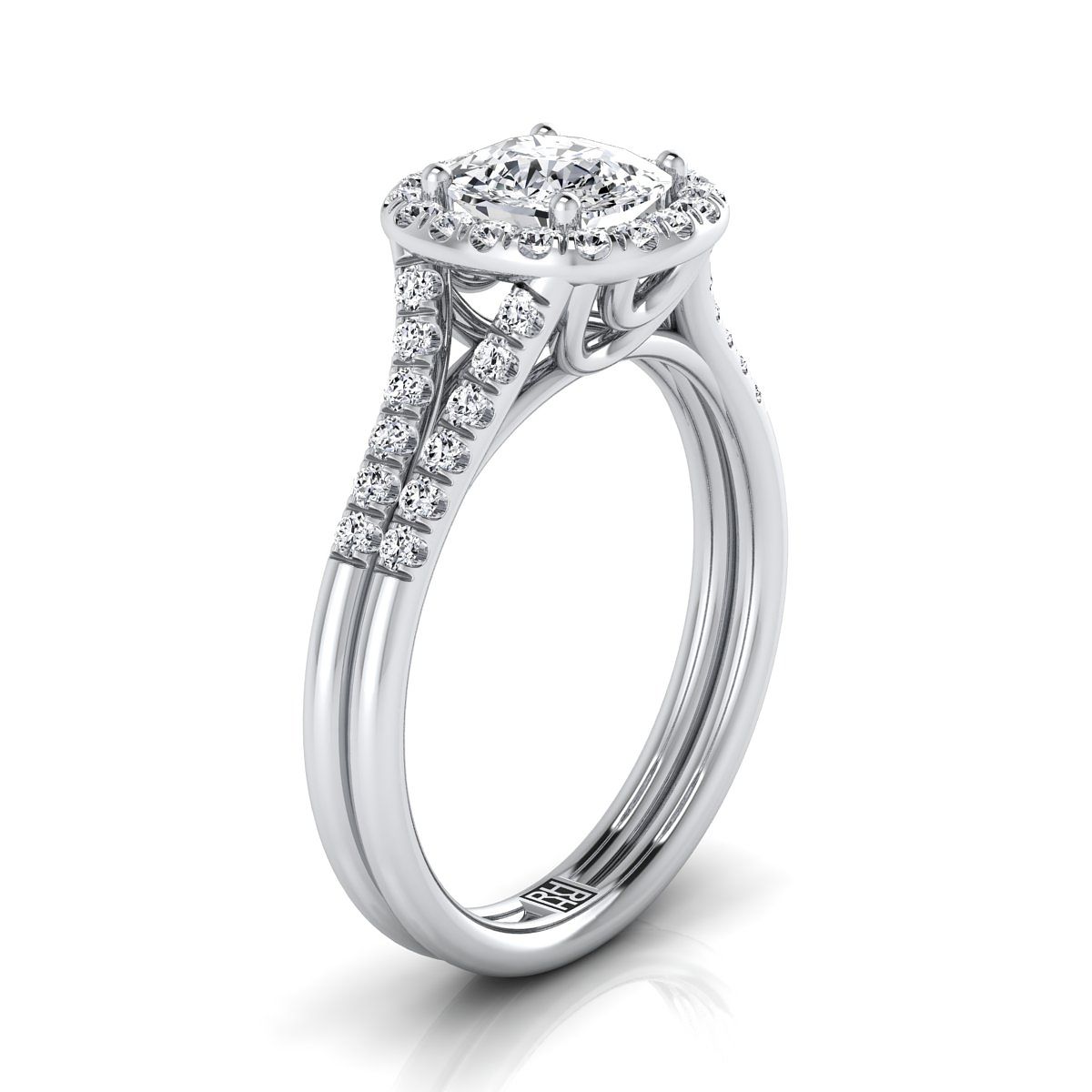 Double Row Split Shank Halo Cushion, in Platinum, pave setting – side profile | RockHer