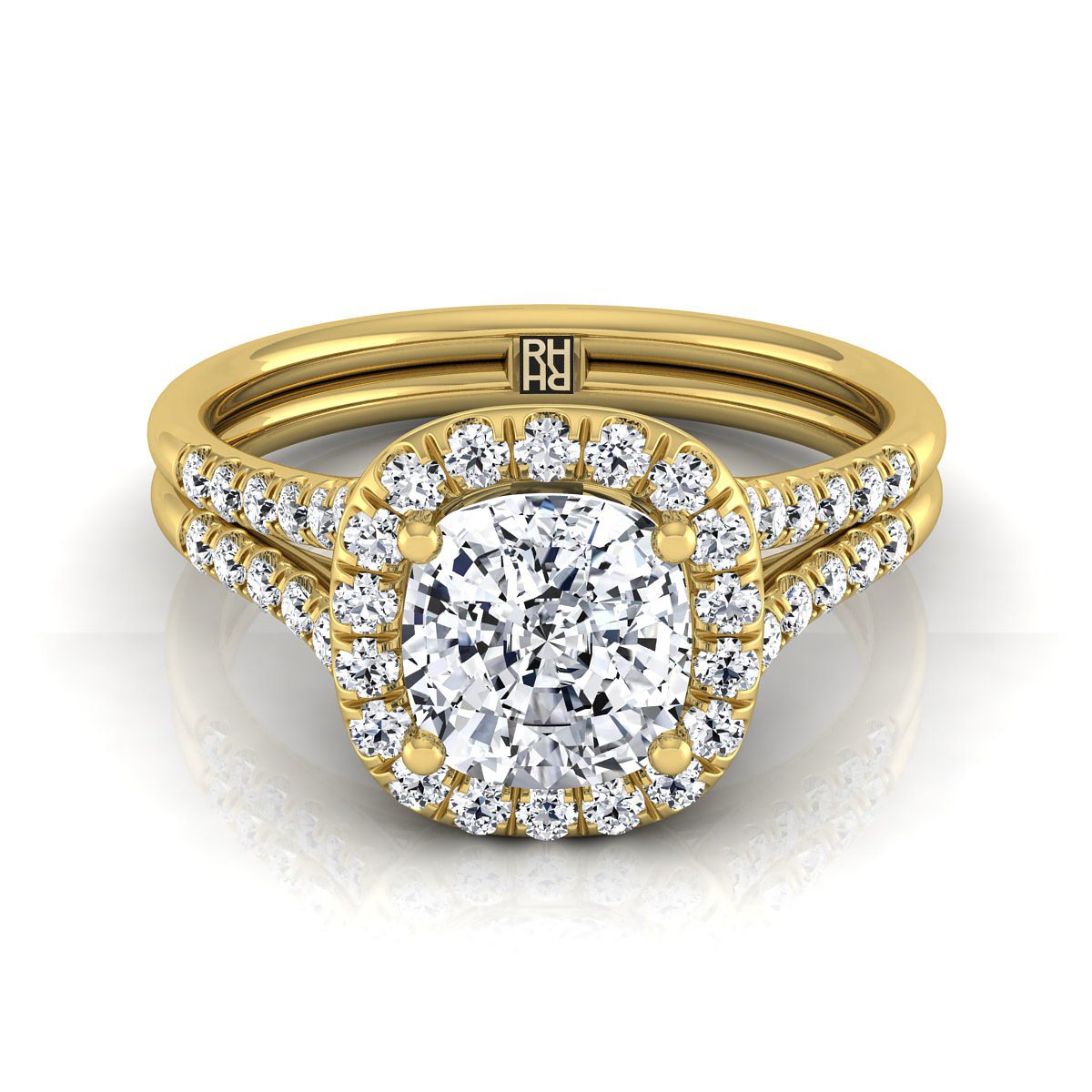 Double Row Split Shank Halo Cushion, in 18K Yellow Gold, pave setting | RockHer