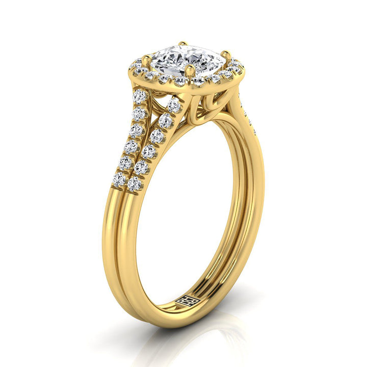 14K Yellow Gold Cushion French Pave Split Shank Halo Engagement Ring -3/8ctw