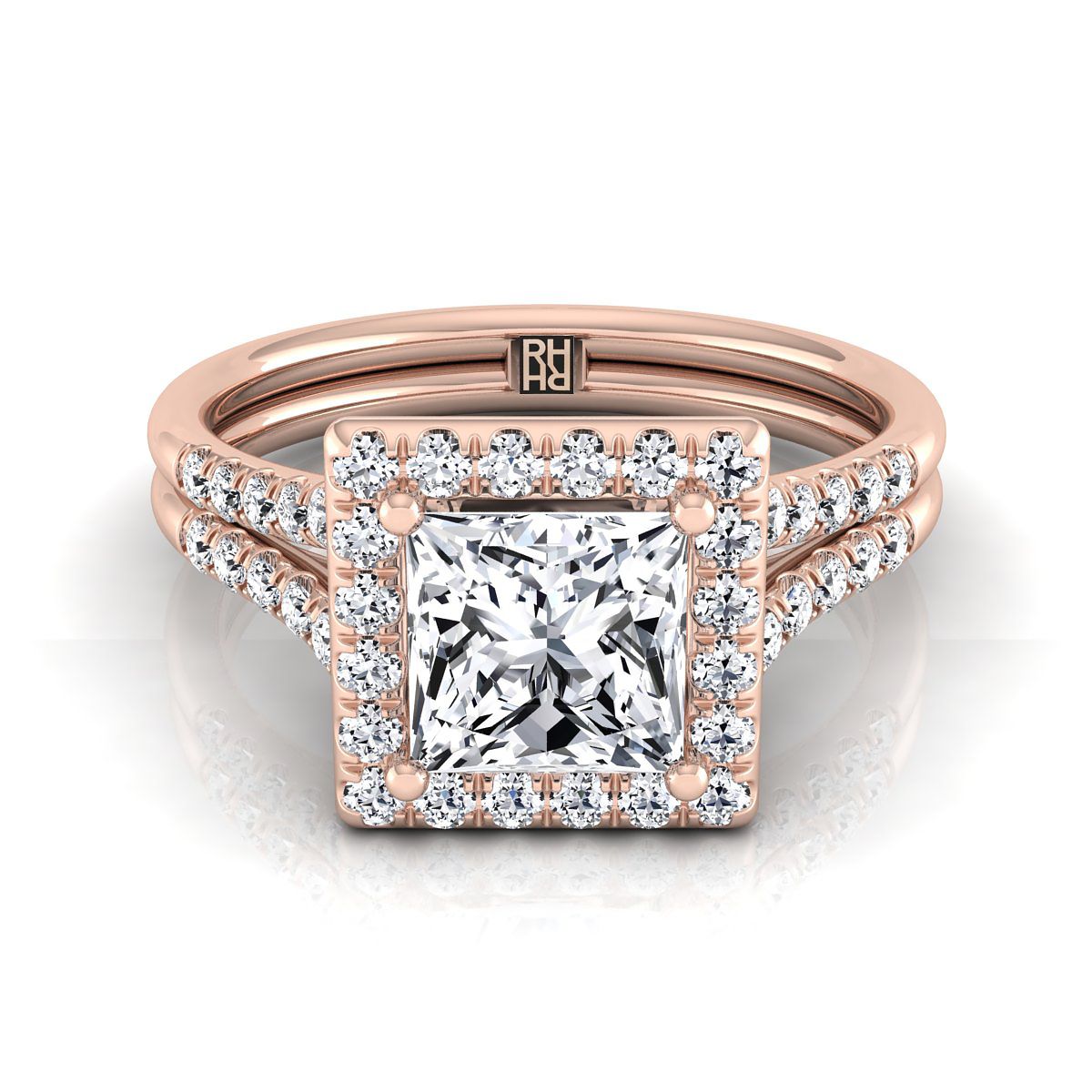 Double Row Split Shank Halo Princess, in 14K Rose Gold, pave setting | RockHer