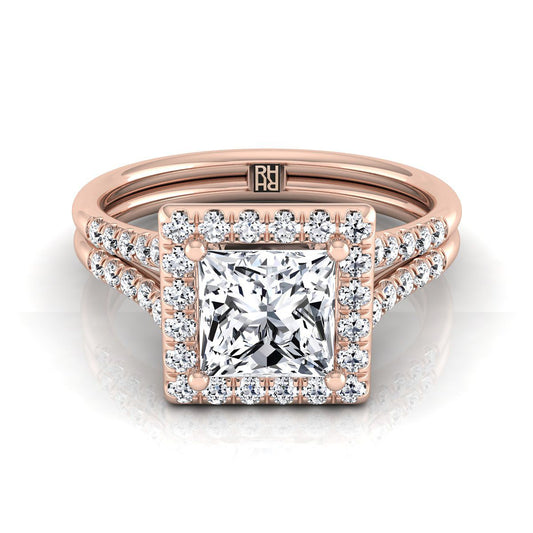 Double Row Split Shank Halo Princess, in 14K Rose Gold, pave setting | RockHer