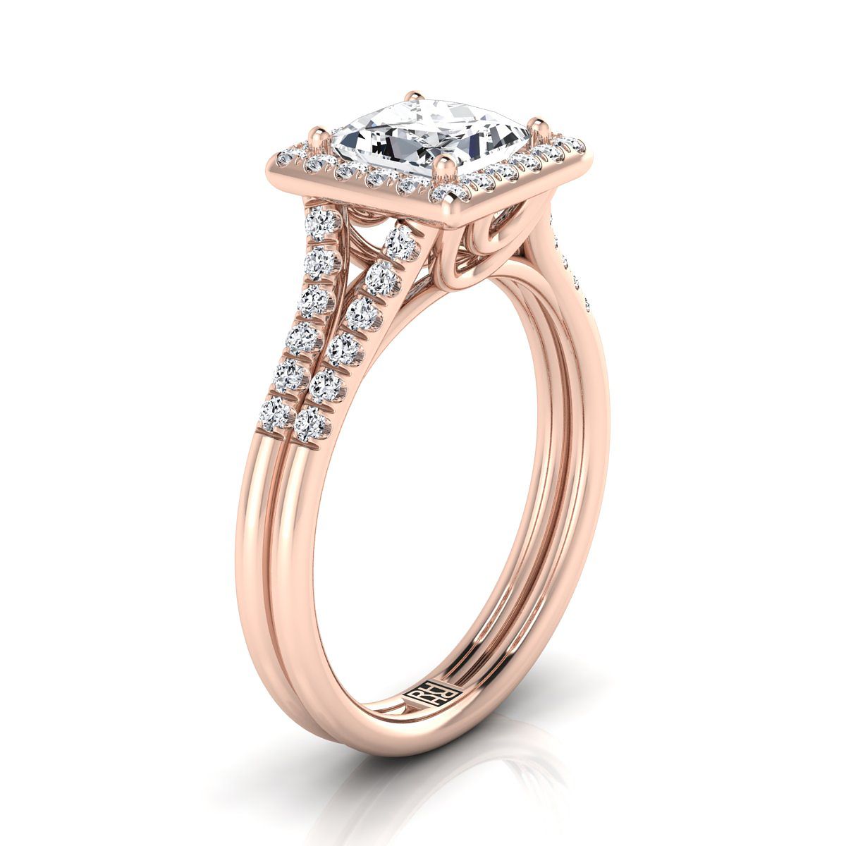 Double Row Split Shank Halo Princess, in 14K Rose Gold, pave setting – side profile | RockHer