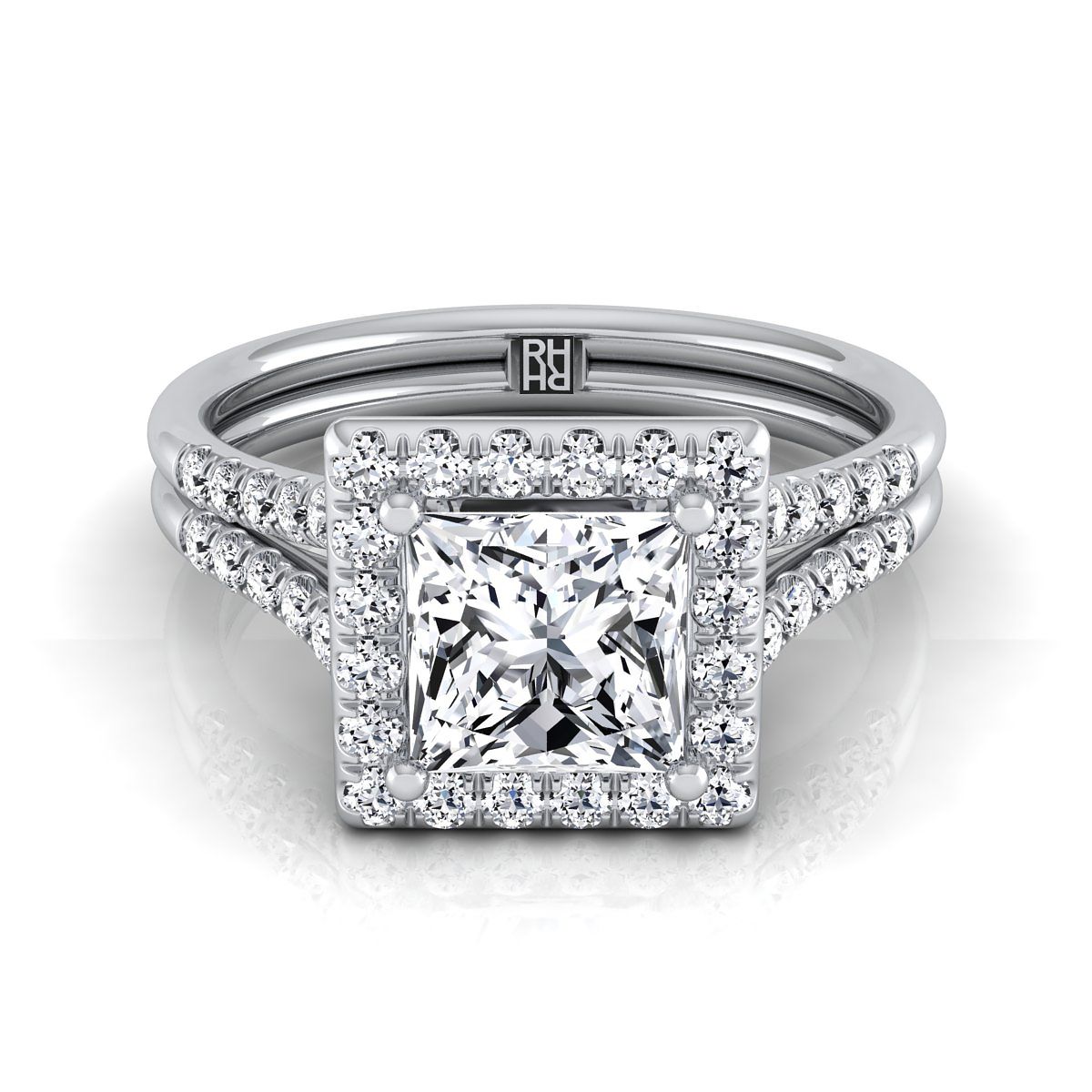 Double Row Split Shank Halo Princess, in 18K White Gold, pave setting | RockHer