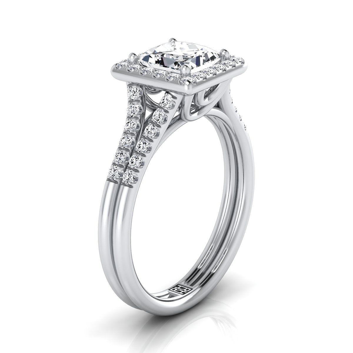 Double Row Split Shank Halo Princess, in 18K White Gold, pave setting – side profile | RockHer