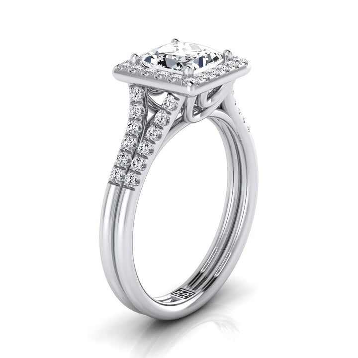 Double Row Split Shank Halo Princess, in 18K White Gold, pave setting – side profile | RockHer