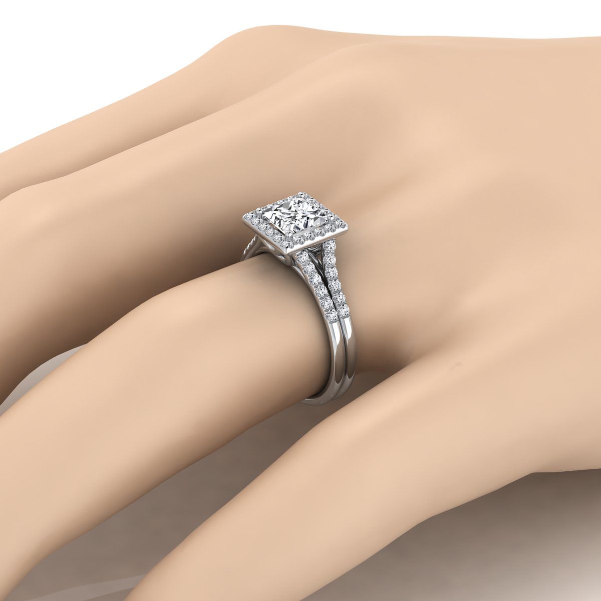 Double Row Split Shank Halo Princess, in Platinum, pave setting – detail view | RockHer