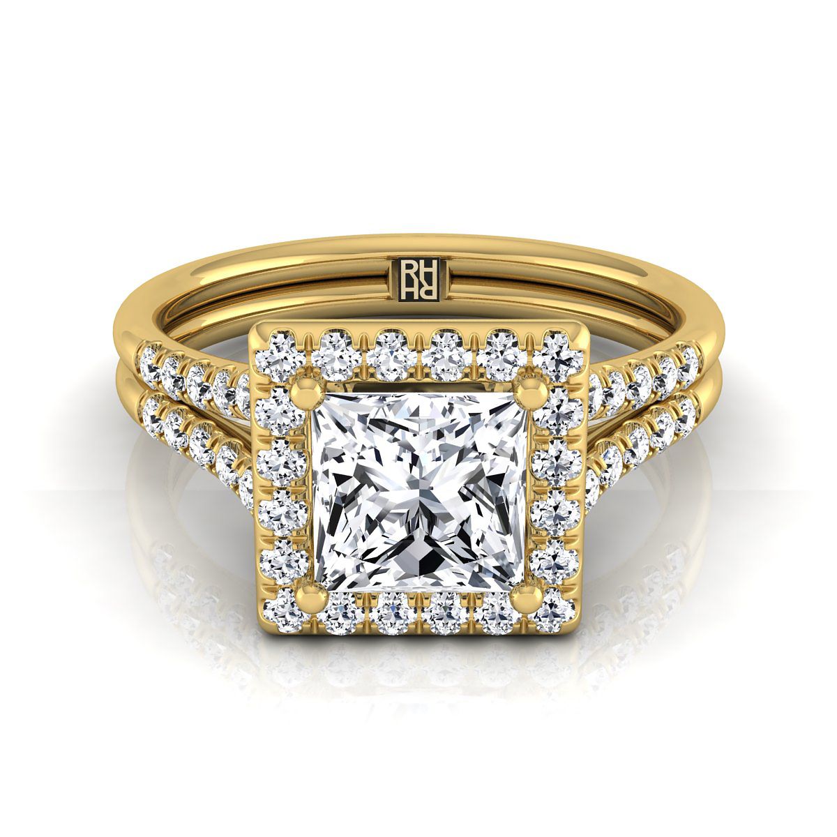 Double Row Split Shank Halo Princess, in 18K Yellow Gold, pave setting | RockHer
