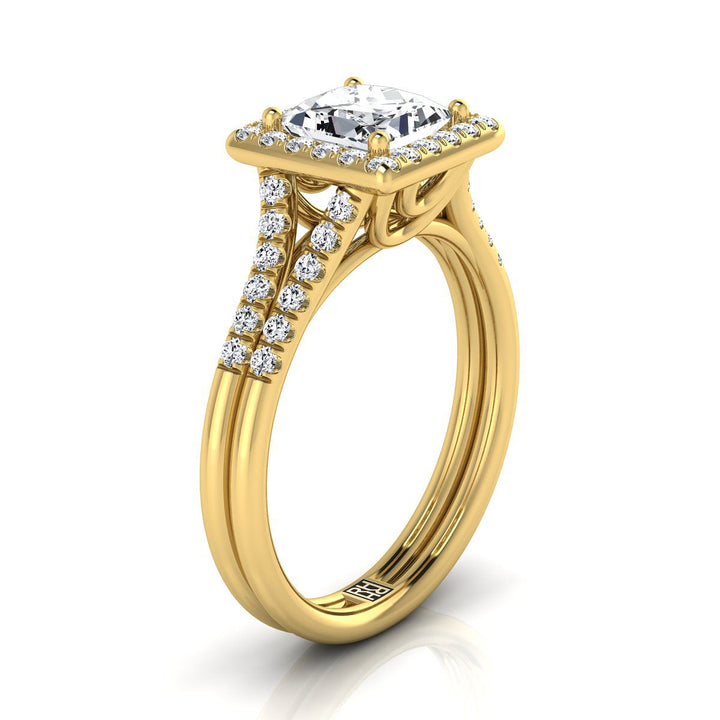 Double Row Split Shank Halo Princess, in 18K Yellow Gold, pave setting – side profile | RockHer