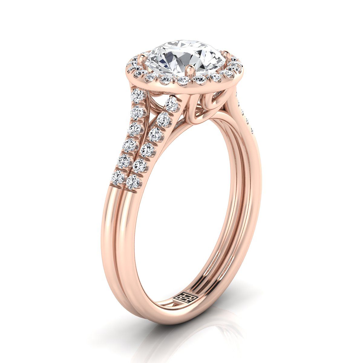 14K Rose Gold Round Brilliant French Pave Split Shank Halo Engagement Ring -3/8ctw