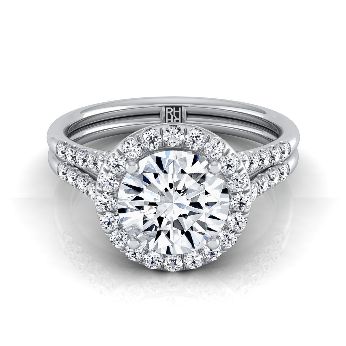 Round Brilliant, Double Row Split Shank Halo, in 18K White Gold, pave setting – view 8 | RockHer
