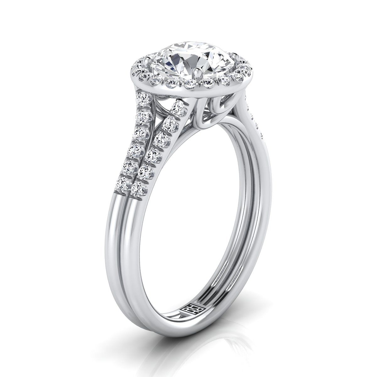 Round Brilliant, Double Row Split Shank Halo, in 18K White Gold, pave setting – view 9 | RockHer