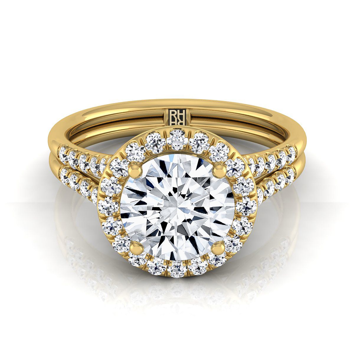 Round Brilliant, Double Row Split Shank Halo, in 18K Yellow Gold, pave setting | RockHer