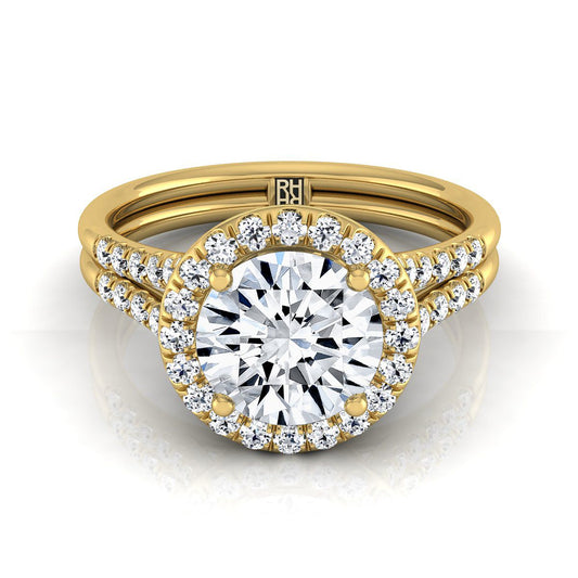 Round Brilliant, Double Row Split Shank Halo, in 18K Yellow Gold, pave setting | RockHer