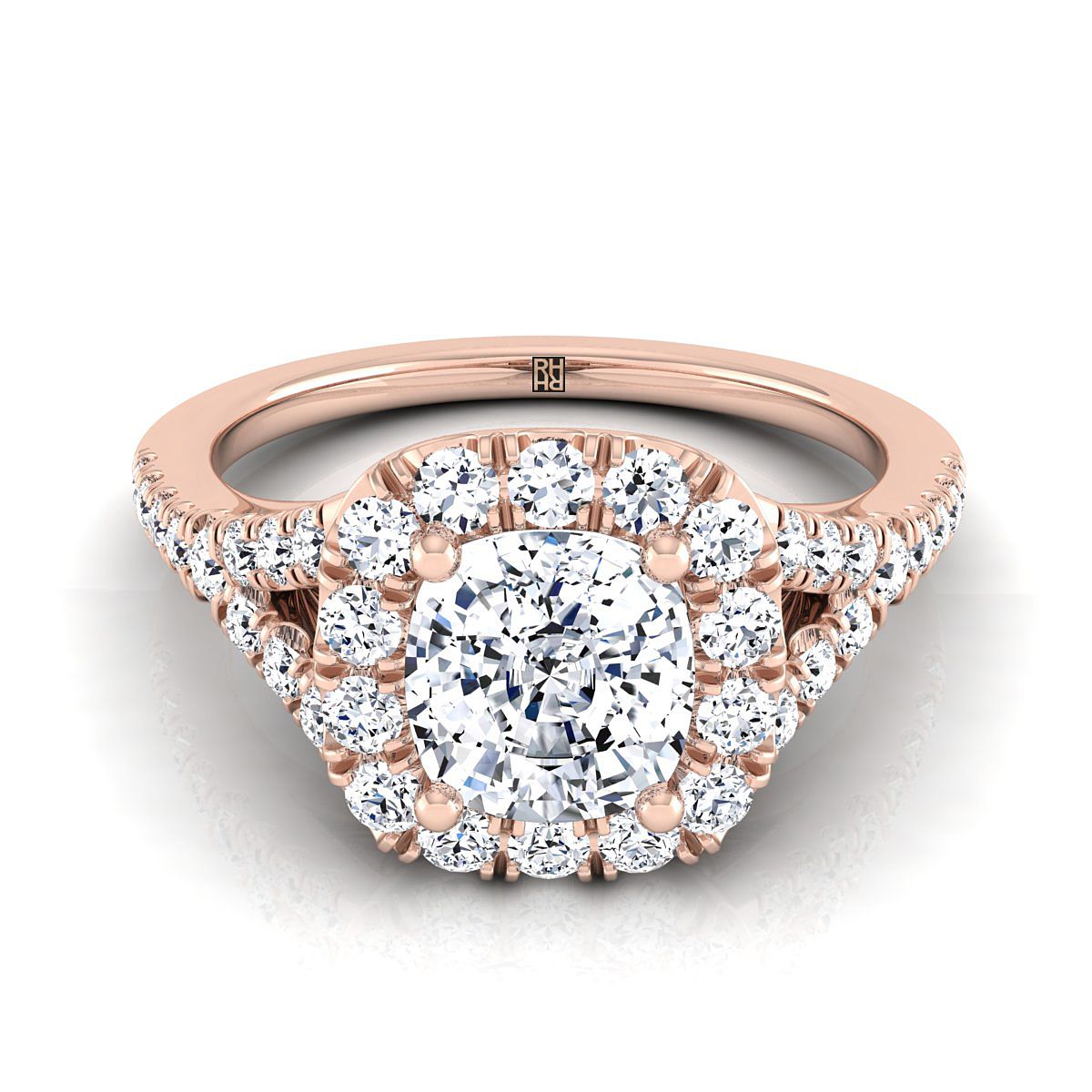 Prong Halo Split Shank Cushion, in 14K Rose Gold, pave setting – view 8 | RockHer