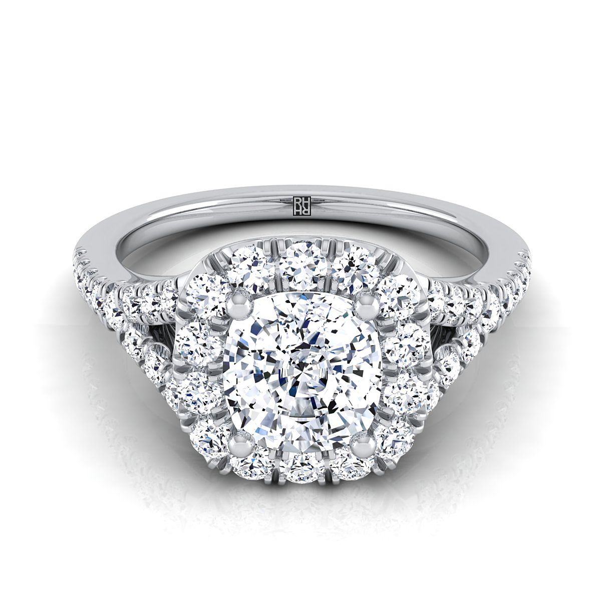 Prong Halo Split Shank Cushion, in 18K White Gold, pave setting – view 8 | RockHer