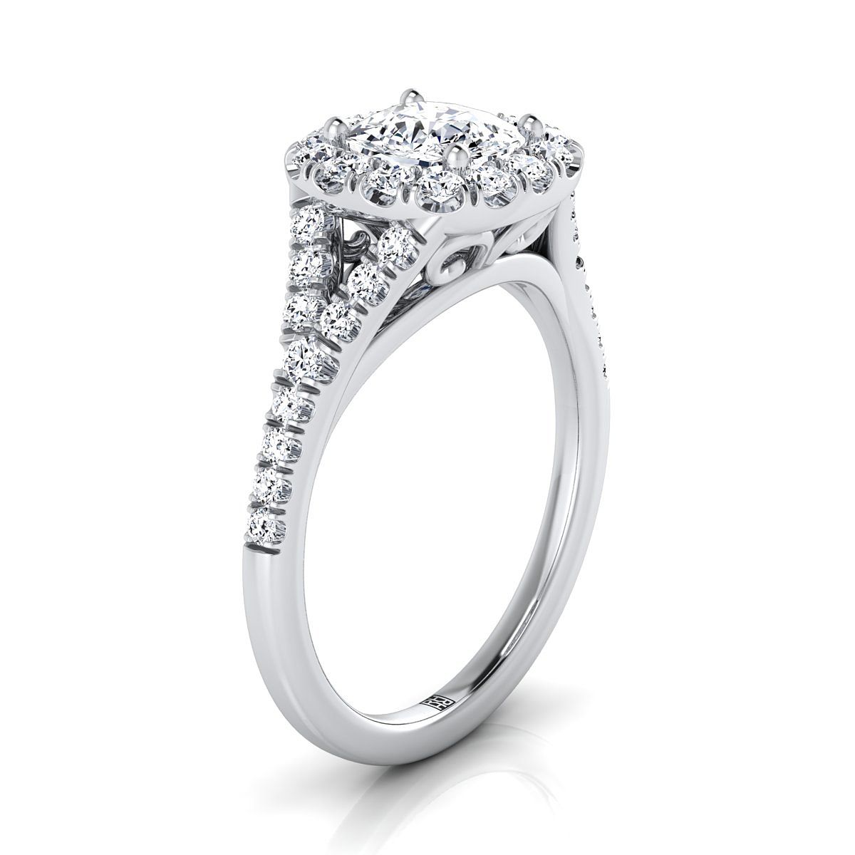 Prong Halo Split Shank Cushion, in 18K White Gold, pave setting – view 9 | RockHer