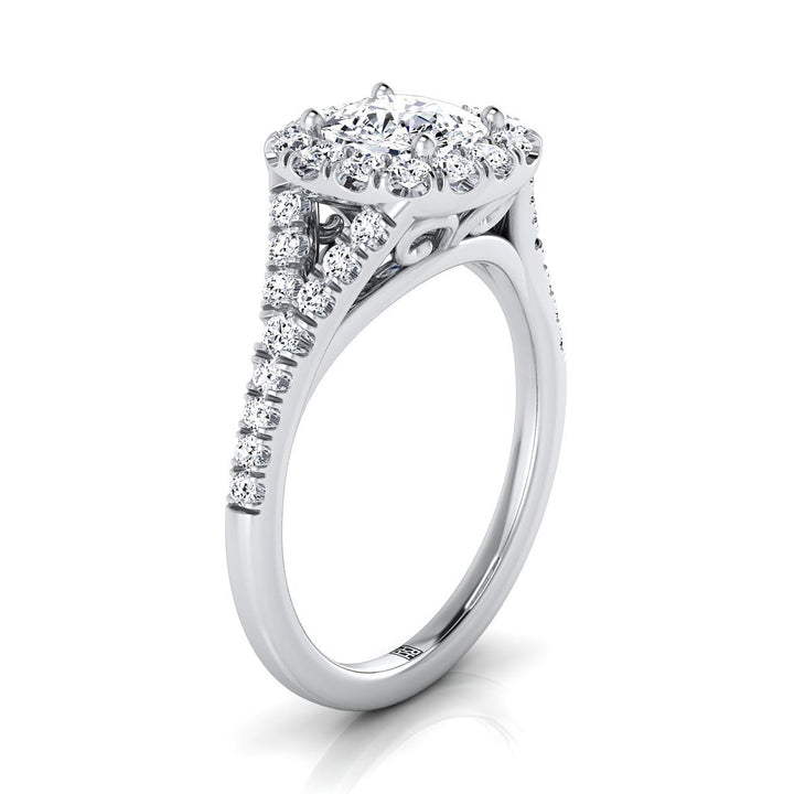 Prong Halo Split Shank Cushion, in 18K White Gold, pave setting – view 9 | RockHer