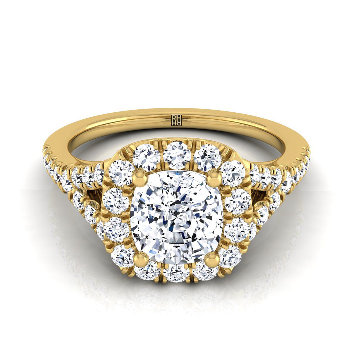 Prong Halo Split Shank Cushion, in 18K Yellow Gold, pave setting – view 8 | RockHer