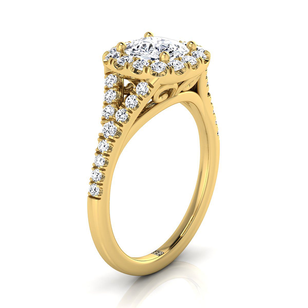 Prong Halo Split Shank Cushion, in 18K Yellow Gold, pave setting – view 9 | RockHer