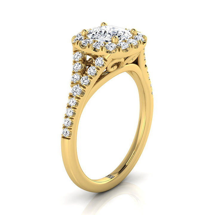 Prong Halo Split Shank Cushion, in 18K Yellow Gold, pave setting – view 9 | RockHer