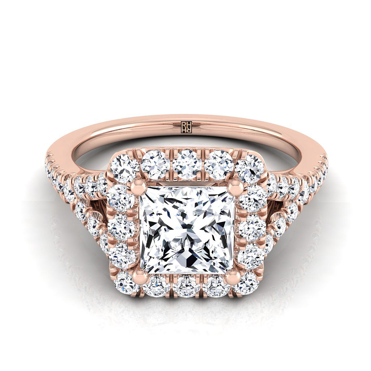 Prong Halo Split Shank Princess, in 14K Rose Gold, pave setting | RockHer