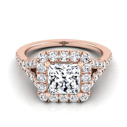 Prong Halo Split Shank Princess, in 14K Rose Gold, pave setting | RockHer