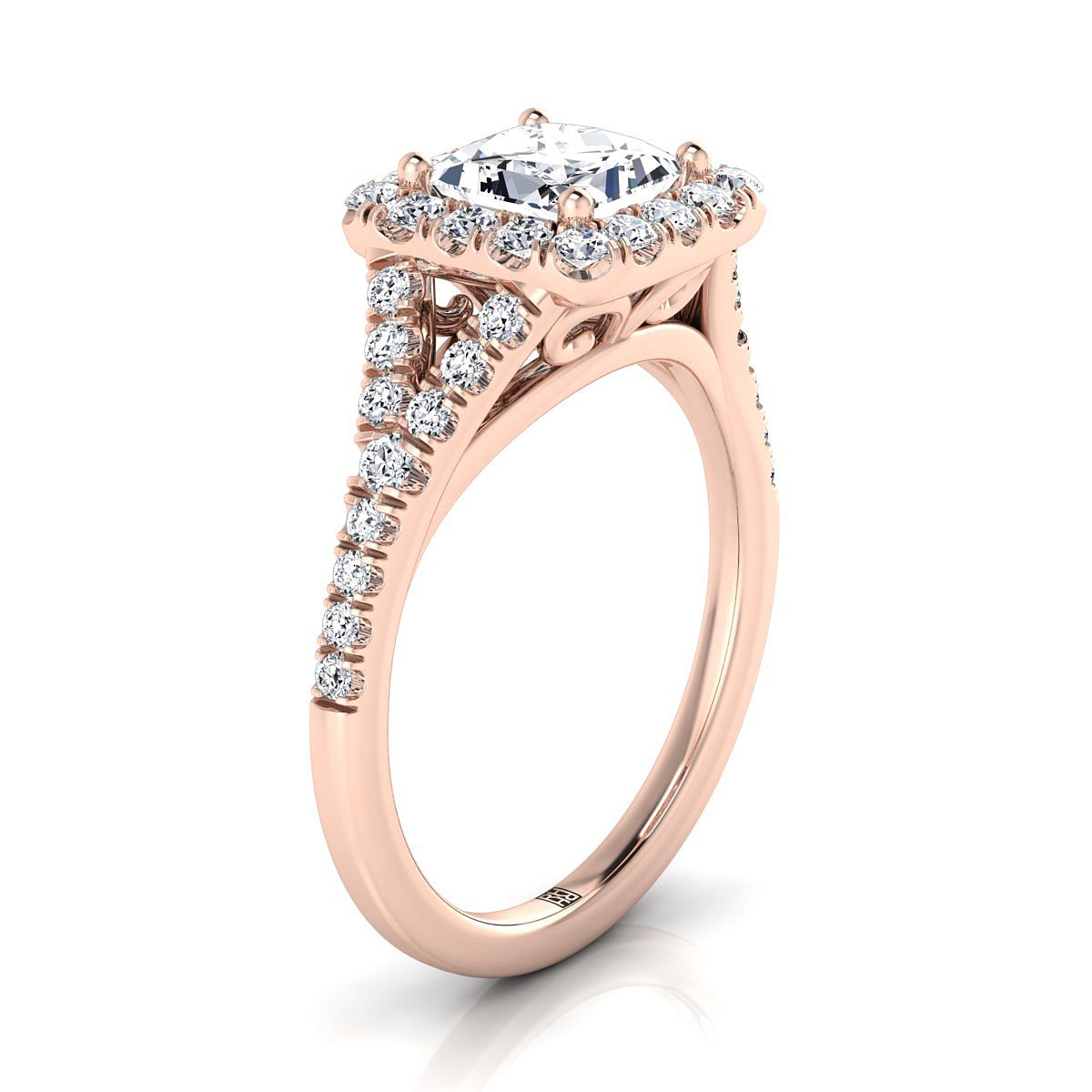 Prong Halo Split Shank Princess, in 14K Rose Gold, pave setting – side profile | RockHer