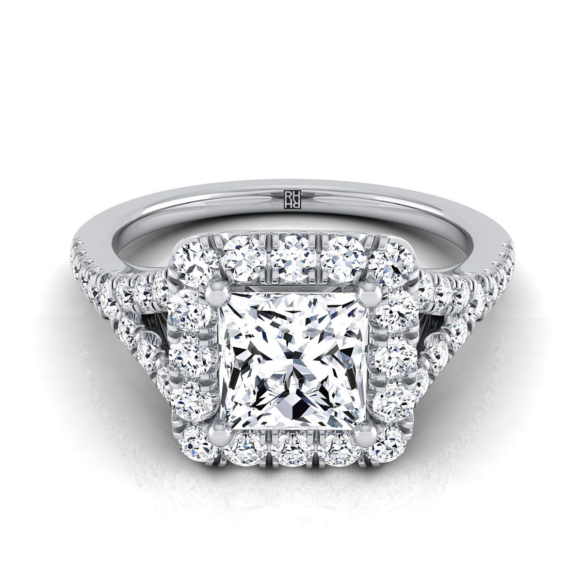 Prong Halo Split Shank Princess, in 18K White Gold, pave setting | RockHer