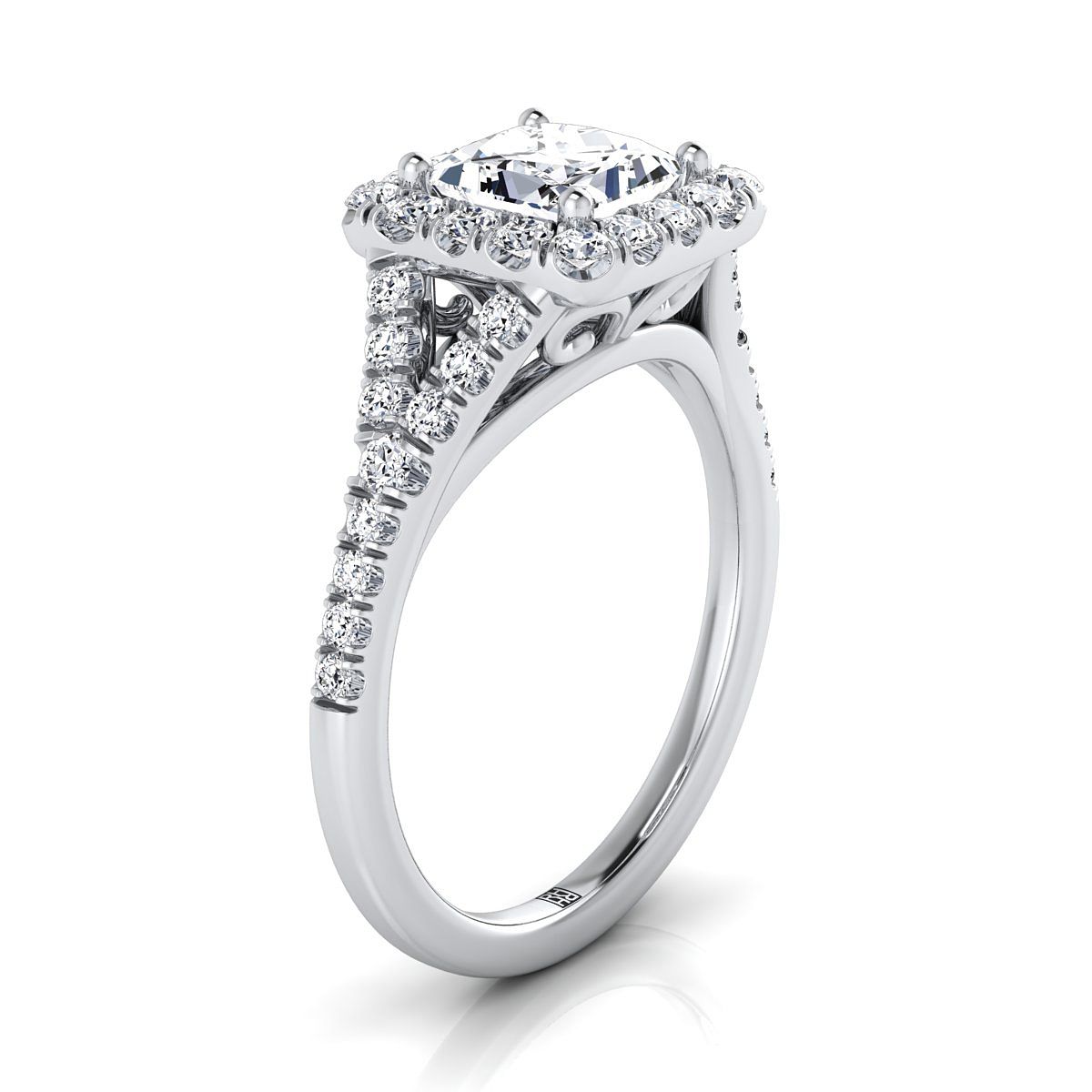 Prong Halo Split Shank Princess, in 18K White Gold, pave setting – side profile | RockHer