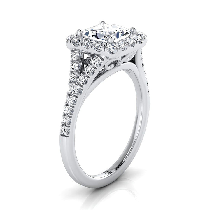 Prong Halo Split Shank Princess, in 18K White Gold, pave setting – side profile | RockHer