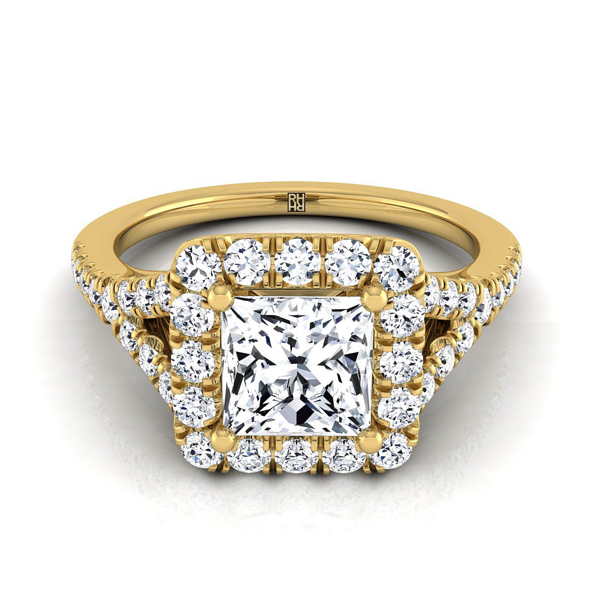 Prong Halo Split Shank Princess, in 18K Yellow Gold, pave setting | RockHer