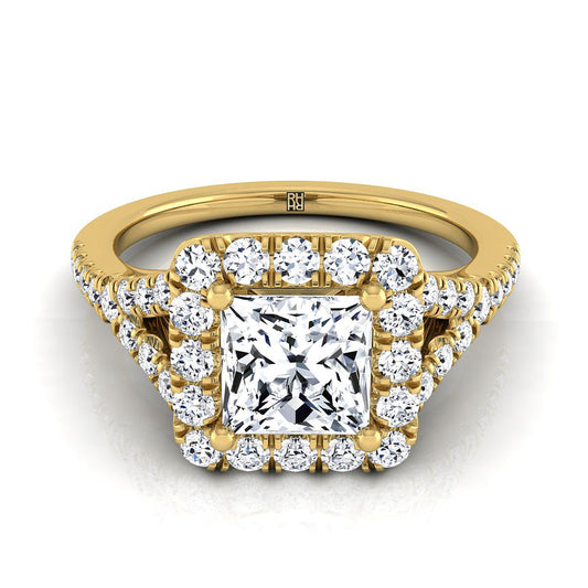 Prong Halo Split Shank Princess, in 18K Yellow Gold, pave setting | RockHer