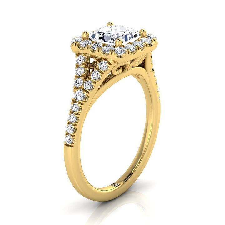 Prong Halo Split Shank Princess, in 18K Yellow Gold, pave setting – side profile | RockHer