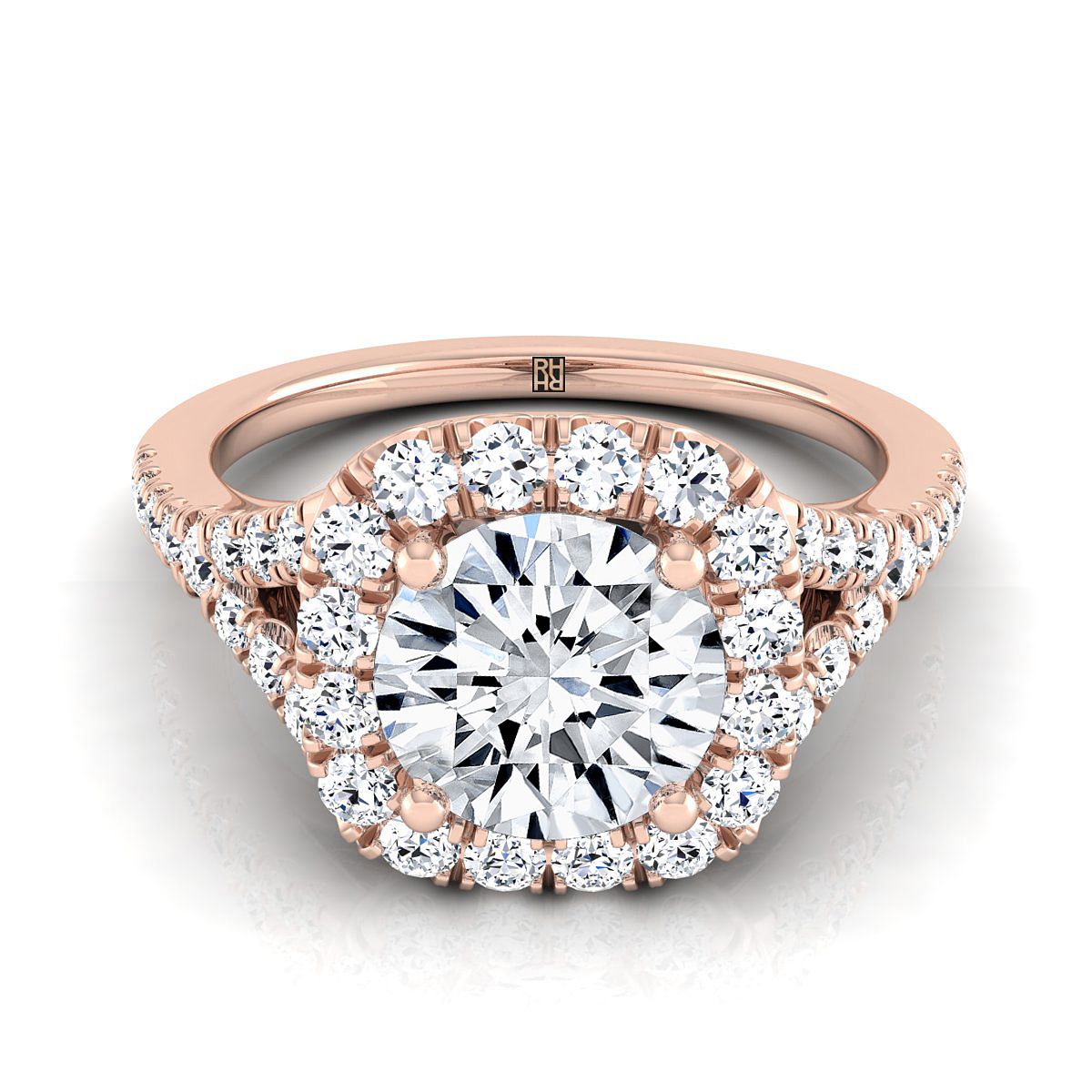 Round Brilliant, Prong Halo Split Shank, in 14K Rose Gold, pave setting | RockHer