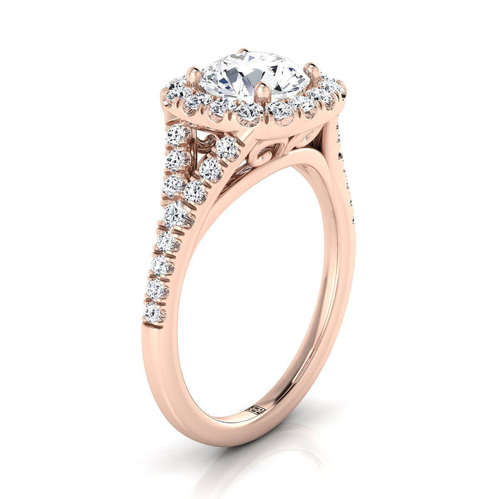 Round Brilliant, Prong Halo Split Shank, in 14K Rose Gold, pave setting – side profile | RockHer