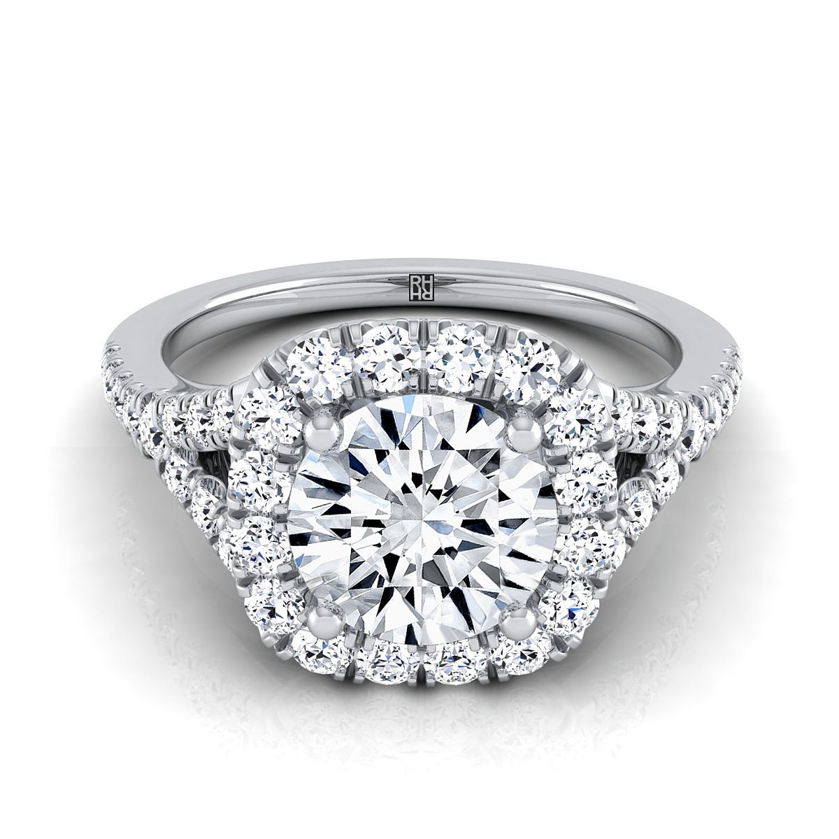 Round Brilliant, Prong Halo Split Shank, in 18K White Gold, pave setting | RockHer