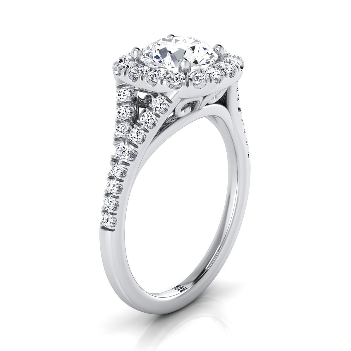 Round Brilliant, Prong Halo Split Shank, in 18K White Gold, pave setting – side profile | RockHer