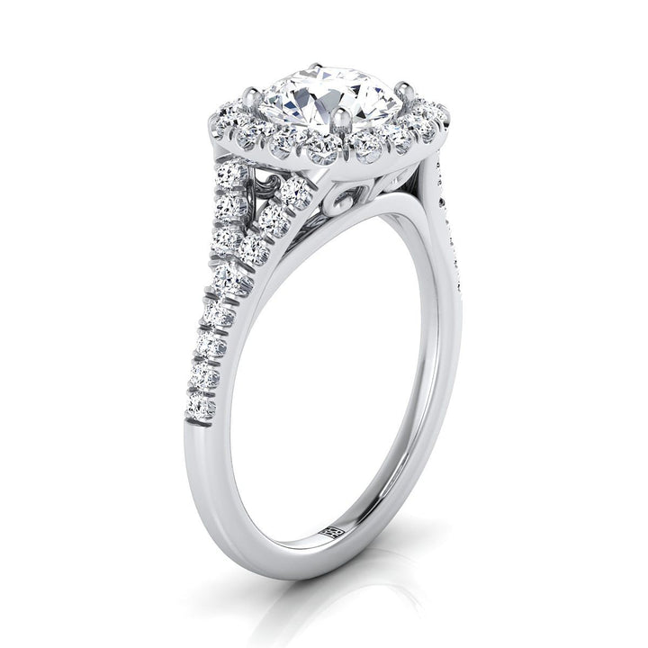 Round Brilliant, Prong Halo Split Shank, in 18K White Gold, pave setting – side profile | RockHer