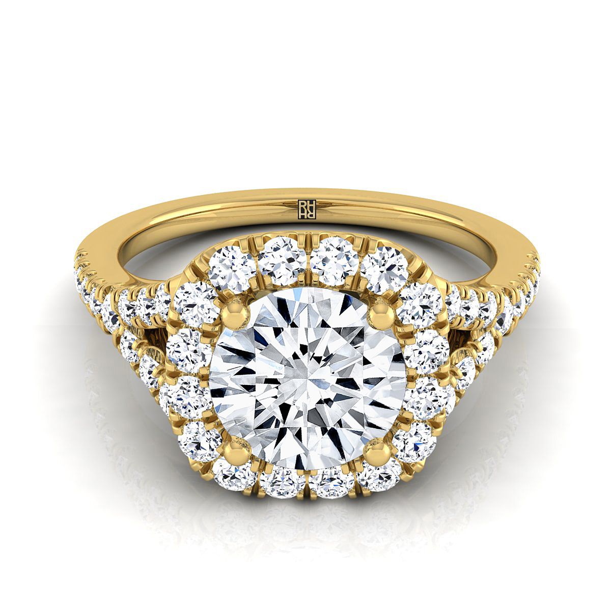 Round Brilliant, Prong Halo Split Shank, in 18K Yellow Gold, pave setting | RockHer