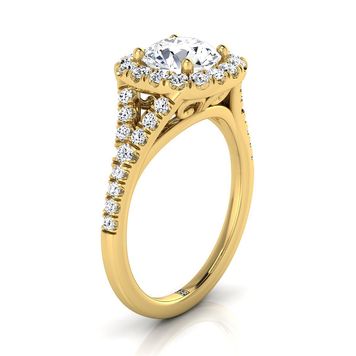 Round Brilliant, Prong Halo Split Shank, in 18K Yellow Gold, pave setting – side profile | RockHer