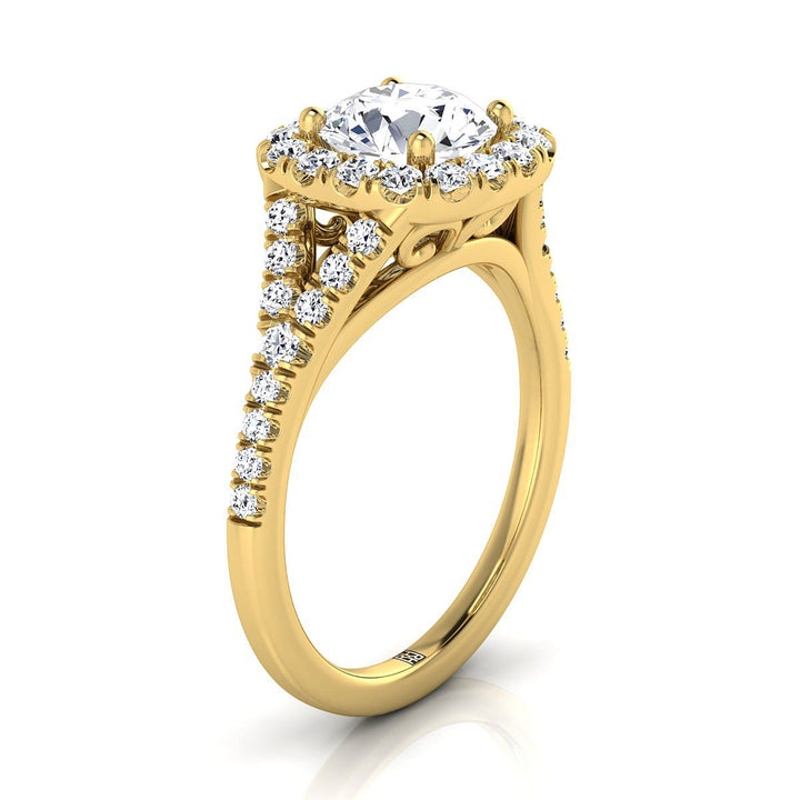 Round Brilliant, Prong Halo Split Shank, in 18K Yellow Gold, pave setting – side profile | RockHer